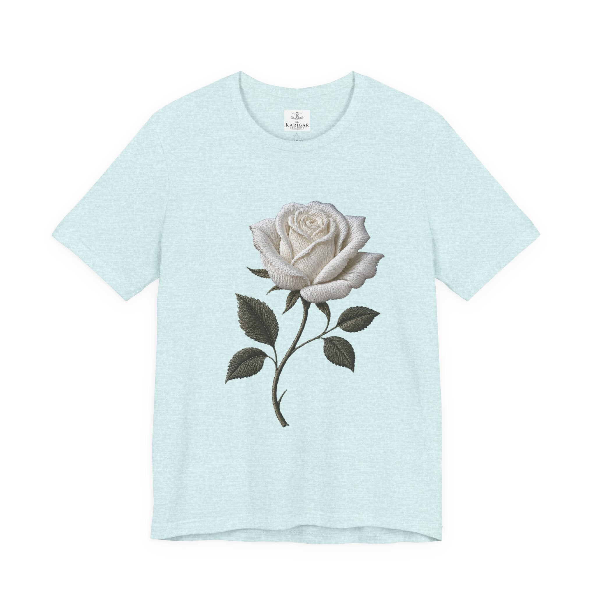 White Rose T-Shirt – Minimalist Floral Graphic Tee, Vintage Botanical Aesthetic Shirt, Grayscale Flower Unisex Graphic Tee