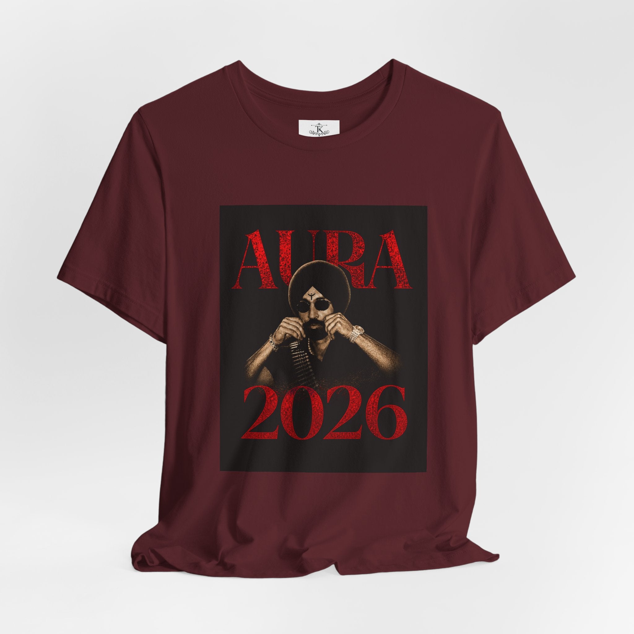 Aura 2026 tee Diljit Dosanjh Skull with turban graphic, dark red typography