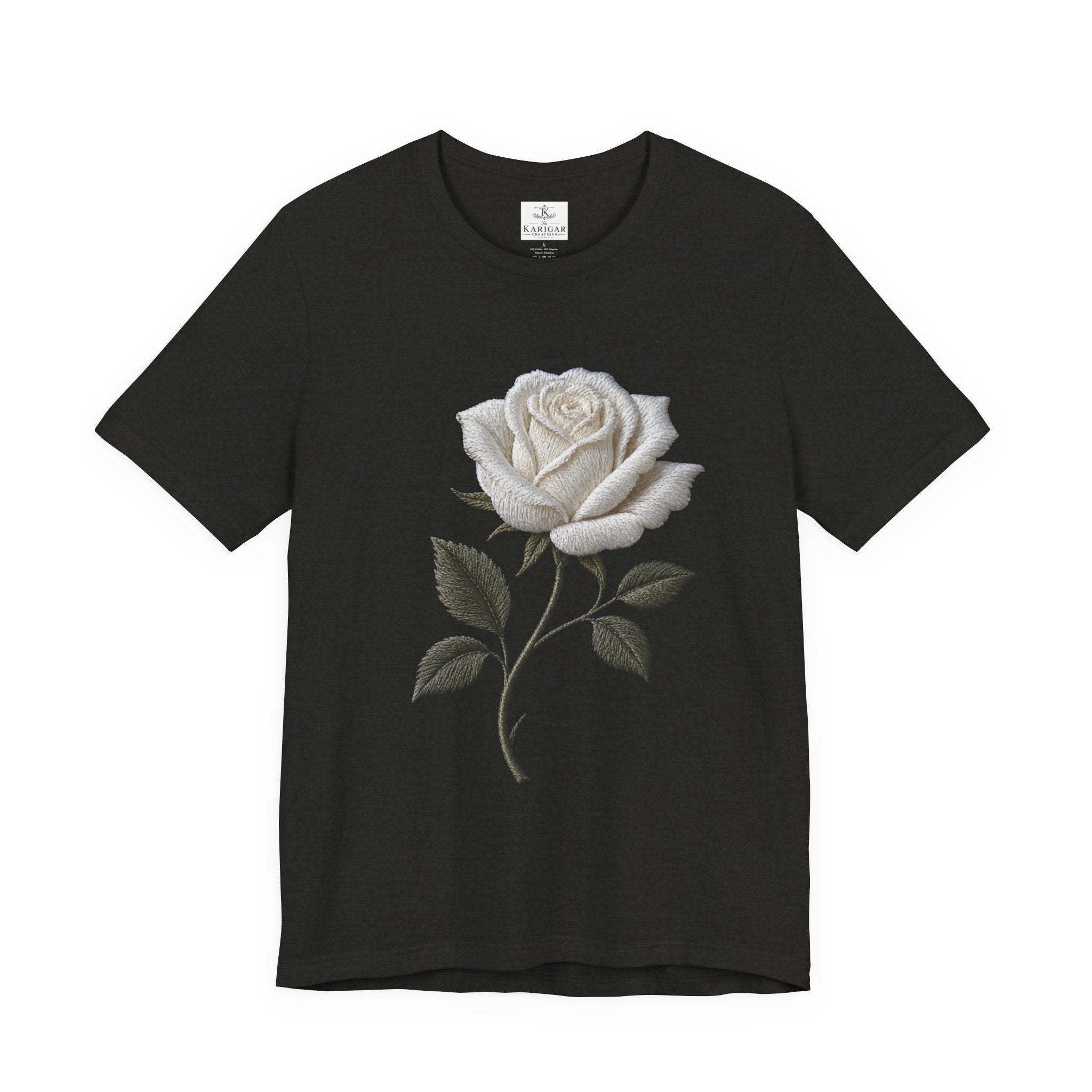 White Rose T-Shirt – Minimalist Floral Graphic Tee, Vintage Botanical Aesthetic Shirt, Grayscale Flower Unisex Graphic Tee