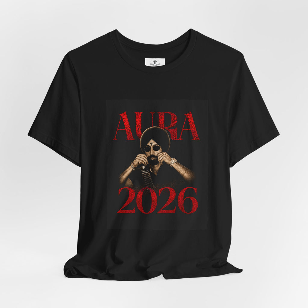 Aura 2026 tee Diljit Dosanjh Skull with turban graphic, dark red typography
