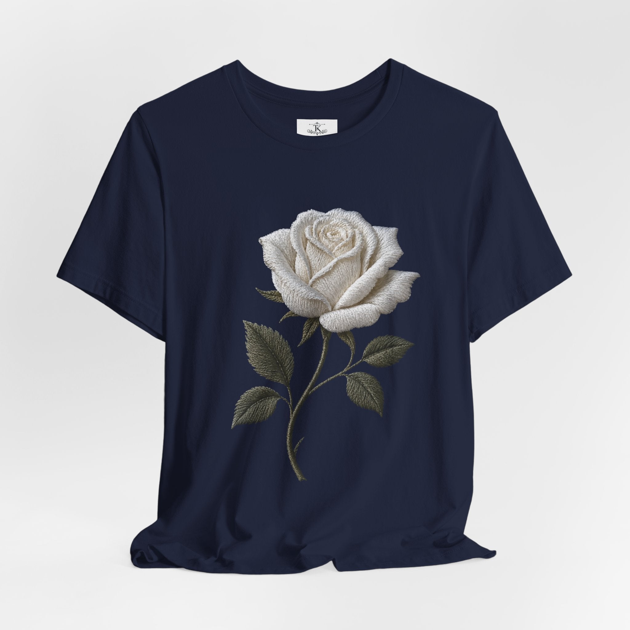 White Rose T-Shirt – Minimalist Floral Graphic Tee, Vintage Botanical Aesthetic Shirt, Grayscale Flower Unisex Graphic Tee