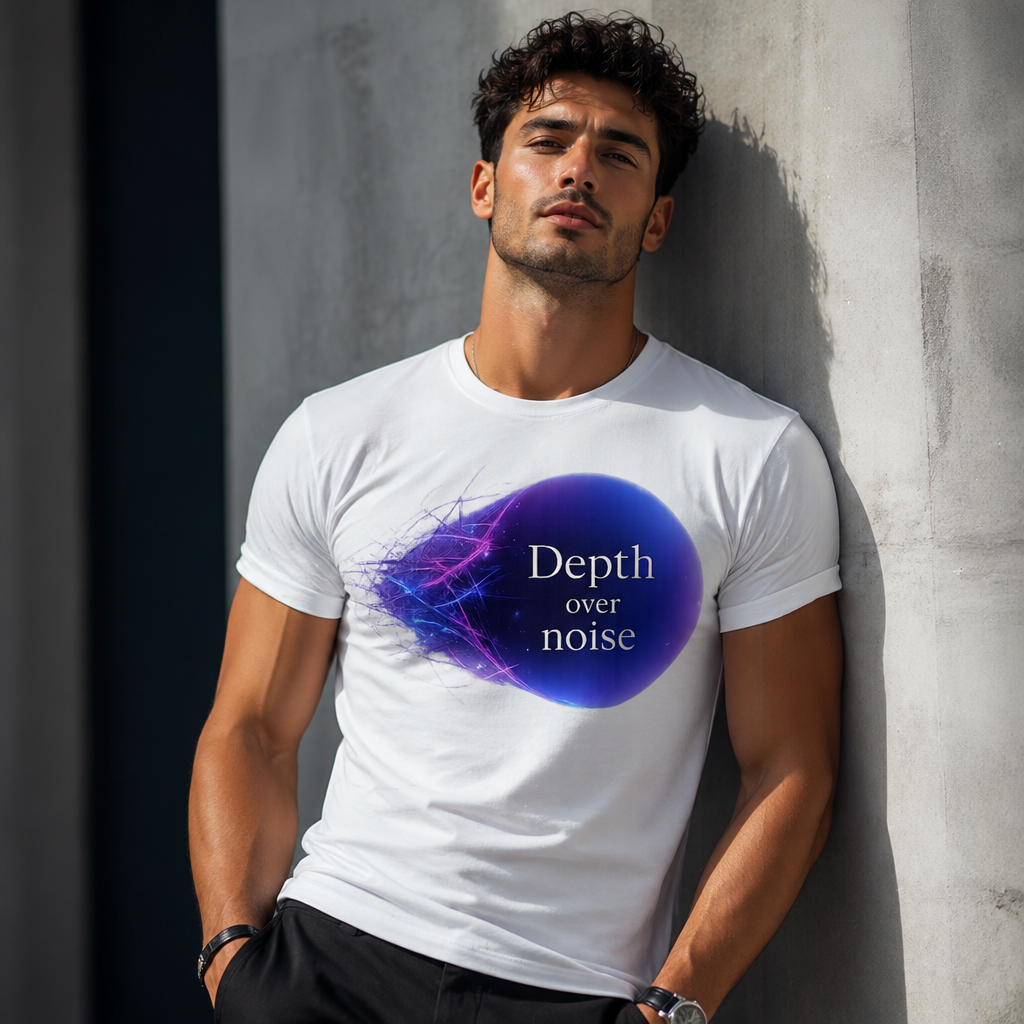 Depth Over Noise T-Shirt – Abstract Soundwave Graphic Tee, Minimalist Quote Shirt, Purple Blue Aesthetic Streetwear Unisex Graphic Tee