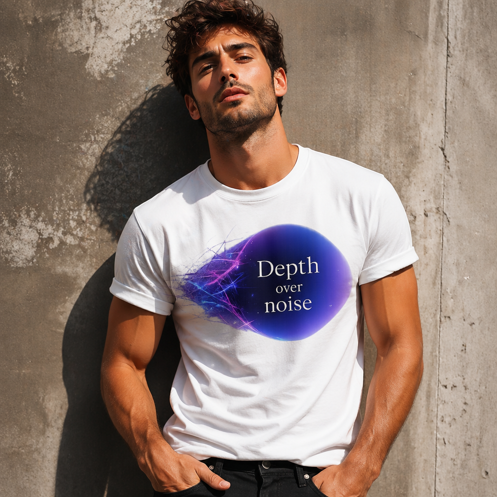 Depth Over Noise T-Shirt – Abstract Soundwave Graphic Tee, Minimalist Quote Shirt, Purple Blue Aesthetic Streetwear Unisex Graphic Tee