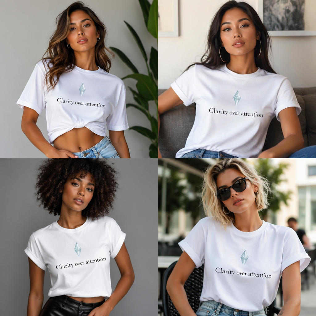 Clarity Over Attention T-Shirt – Minimalist Quote Shirt, Crystal Typography Tee, Mindfulness Aesthetic Streetwear Unisex Graphic Tee
