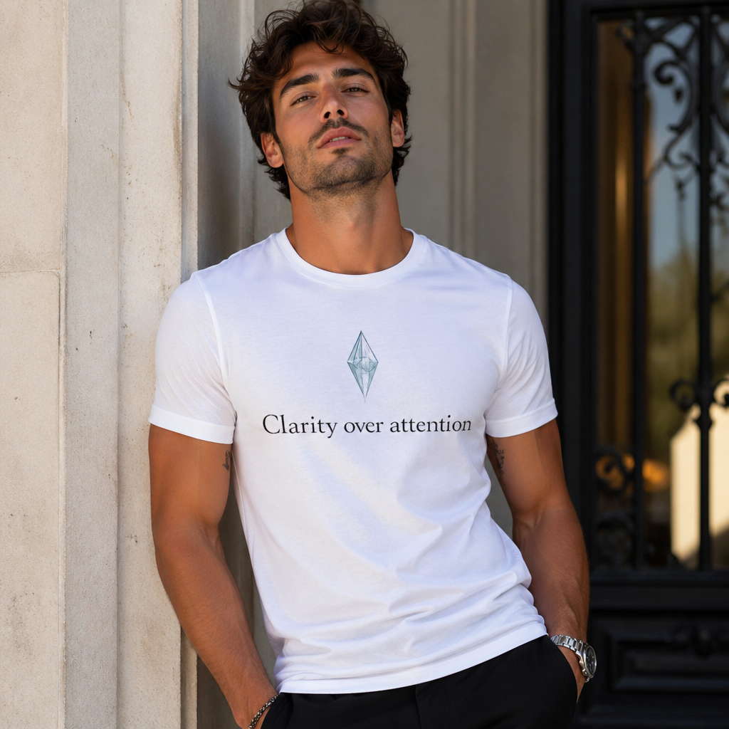 Clarity Over Attention T-Shirt – Minimalist Quote Shirt, Crystal Typography Tee, Mindfulness Aesthetic Streetwear Unisex Graphic Tee
