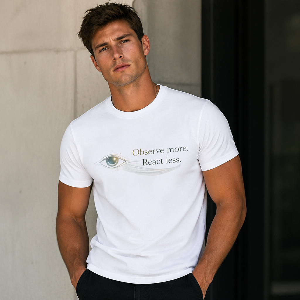 Observe More React Less T-Shirt – Minimalist Eye Graphic Tee, Mindfulness Quote Shirt, Introvert Aesthetic Unisex Graphic Tee