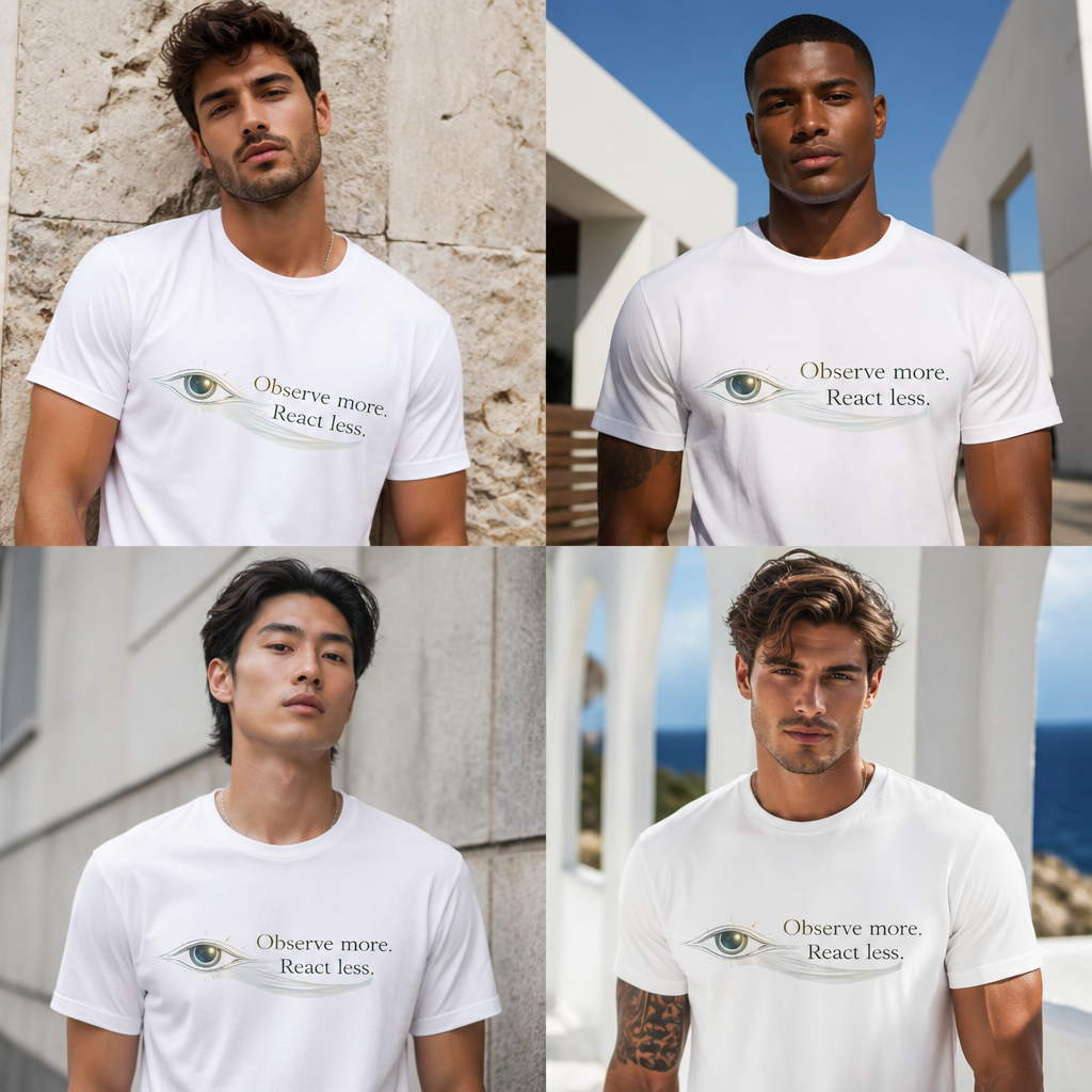 Observe More React Less T-Shirt – Minimalist Eye Graphic Tee, Mindfulness Quote Shirt, Introvert Aesthetic Unisex Graphic Tee