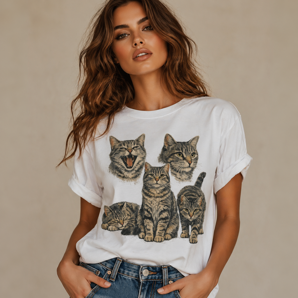 Tabby Cat Faces T-Shirt – Cute Cat Expressions Graphic Tee, Minimalist Kitty Illustration Shirt, Aesthetic Cat Lover Unisex Tee
