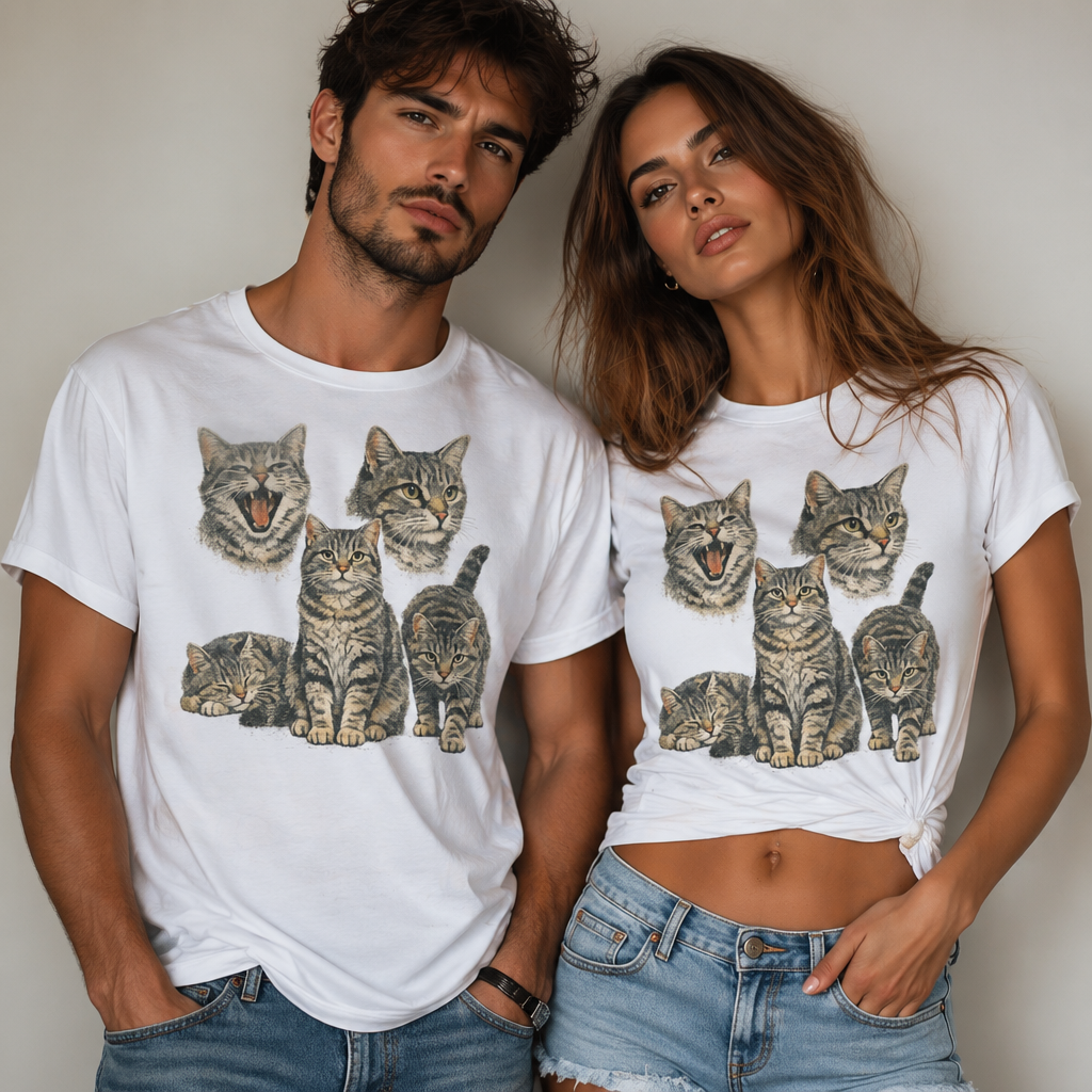 Tabby Cat Faces T-Shirt – Cute Cat Expressions Graphic Tee, Minimalist Kitty Illustration Shirt, Aesthetic Cat Lover Unisex Tee