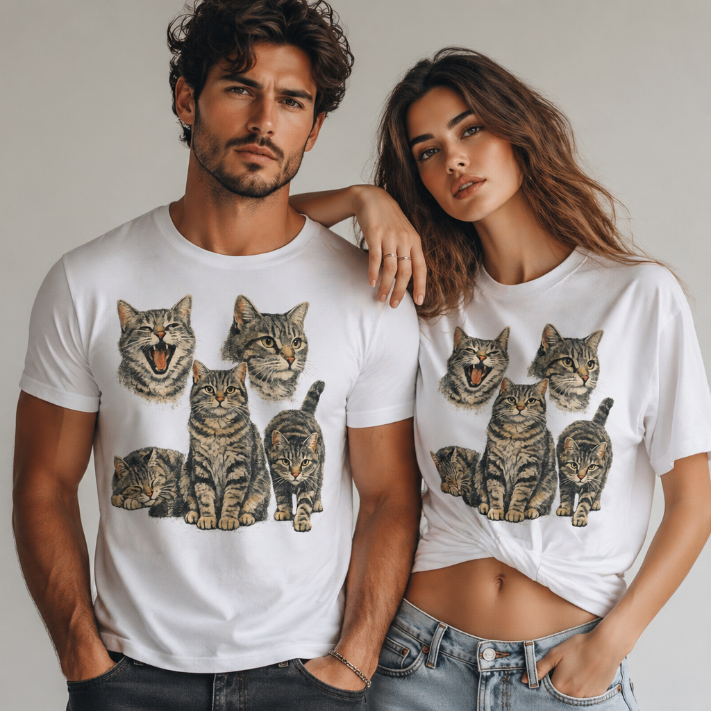 Tabby Cat Faces T-Shirt – Cute Cat Expressions Graphic Tee, Minimalist Kitty Illustration Shirt, Aesthetic Cat Lover Unisex Tee