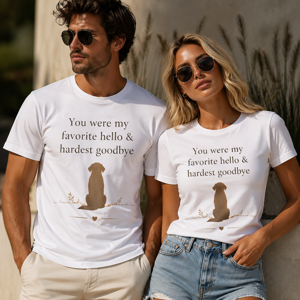 Dog Memorial T-Shirt – “Favorite Hello Hardest Goodbye” Shirt, Pet Loss Sympathy Tee, Minimalist Dog Silhouette Unisex Graphic Tee