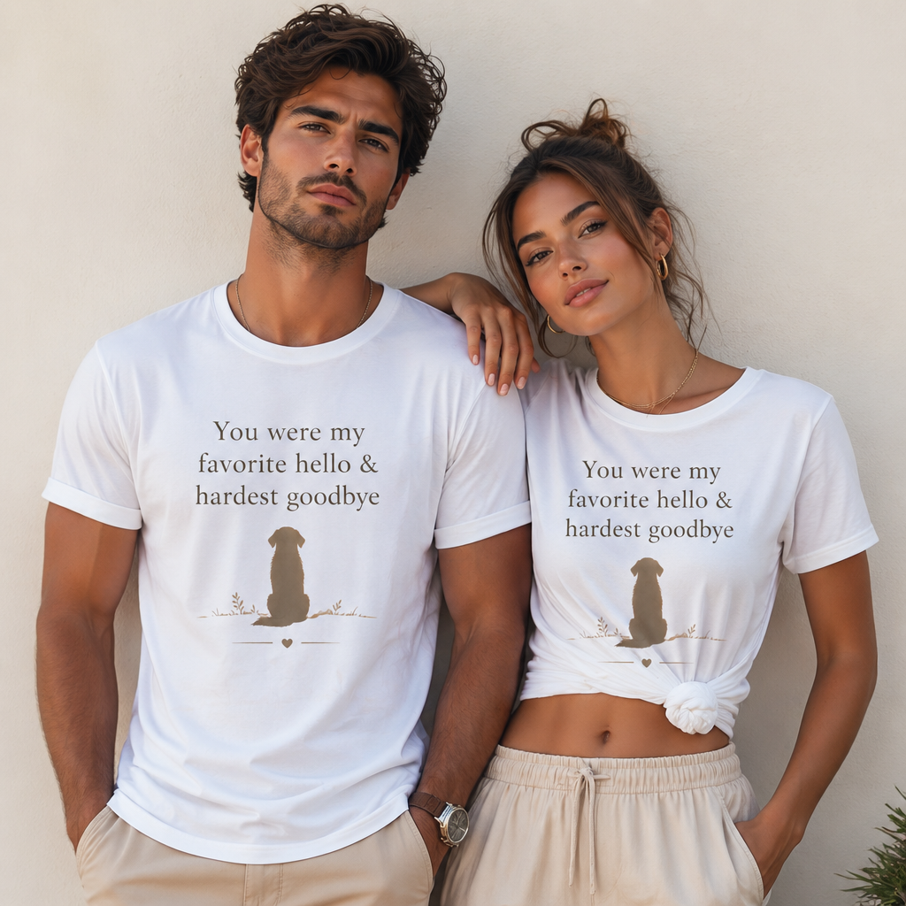Dog Memorial T-Shirt – “Favorite Hello Hardest Goodbye” Shirt, Pet Loss Sympathy Tee, Minimalist Dog Silhouette Unisex Graphic Tee