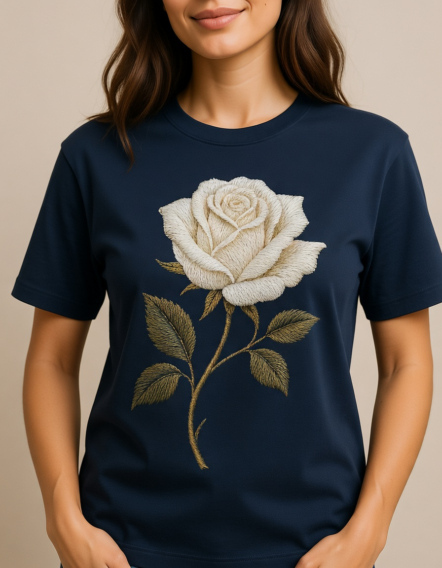 White Rose T-Shirt – Minimalist Floral Graphic Tee, Vintage Botanical Aesthetic Shirt, Grayscale Flower Unisex Graphic Tee