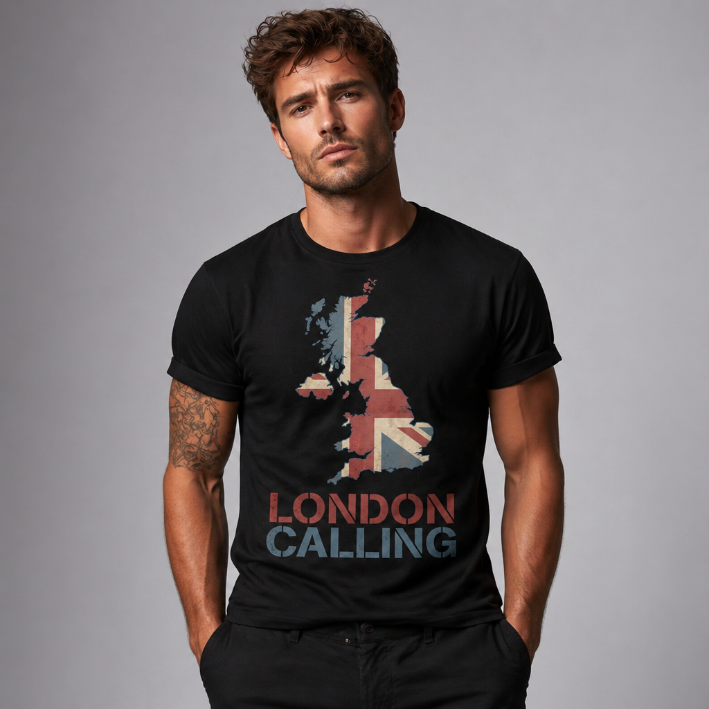 London Calling T-Shirt – UK Map Graphic Tee, Union Jack Vintage Shirt, British Streetwear Unisex Graphic Tee
