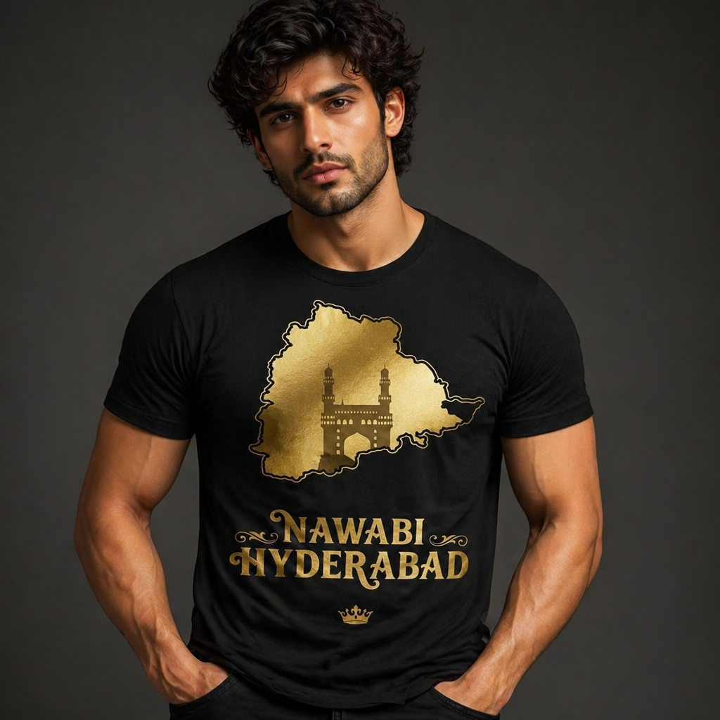 Nawabi Hyderabad T-Shirt Gold Map Graphic Tee Hyderabad Shirt Charminar Design Telangana Pride Unisex Gift