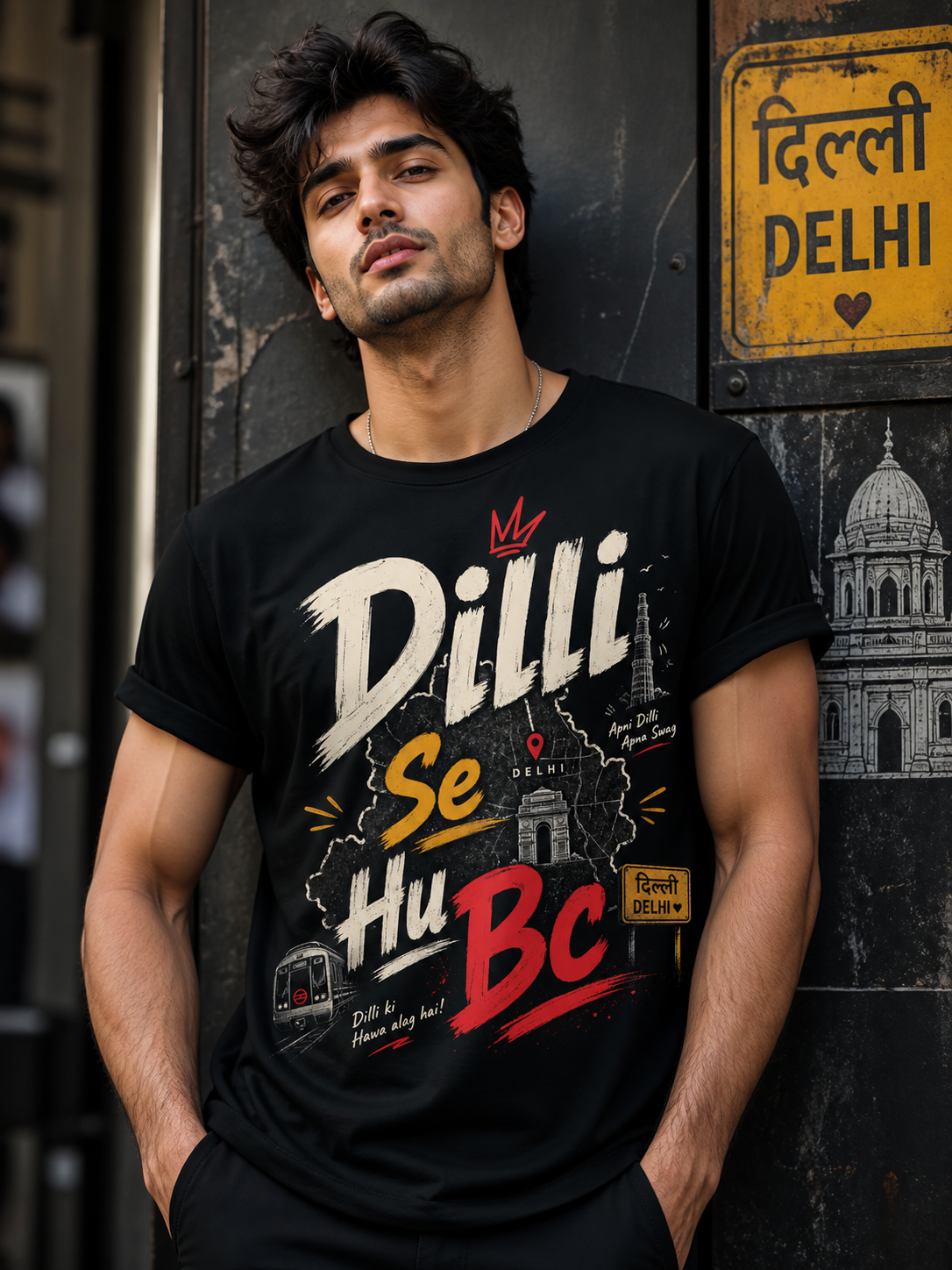 Dilli Se Hum BC T-Shirt, Delhi skyline, Hindi typography