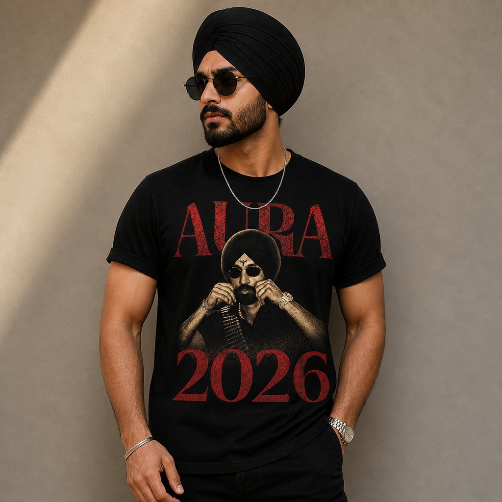 Aura 2026 tee Diljit Dosanjh Skull with turban graphic, dark red typography