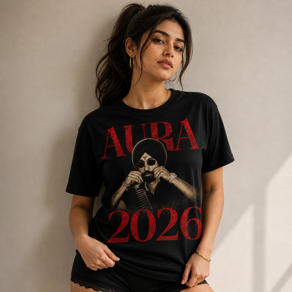 Aura 2026 tee Diljit Dosanjh Skull with turban graphic, dark red typography