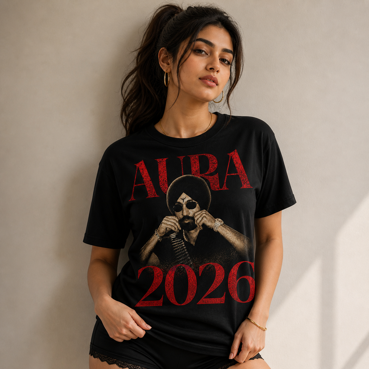 Aura 2026 tee Diljit Dosanjh Skull with turban graphic, dark red typography