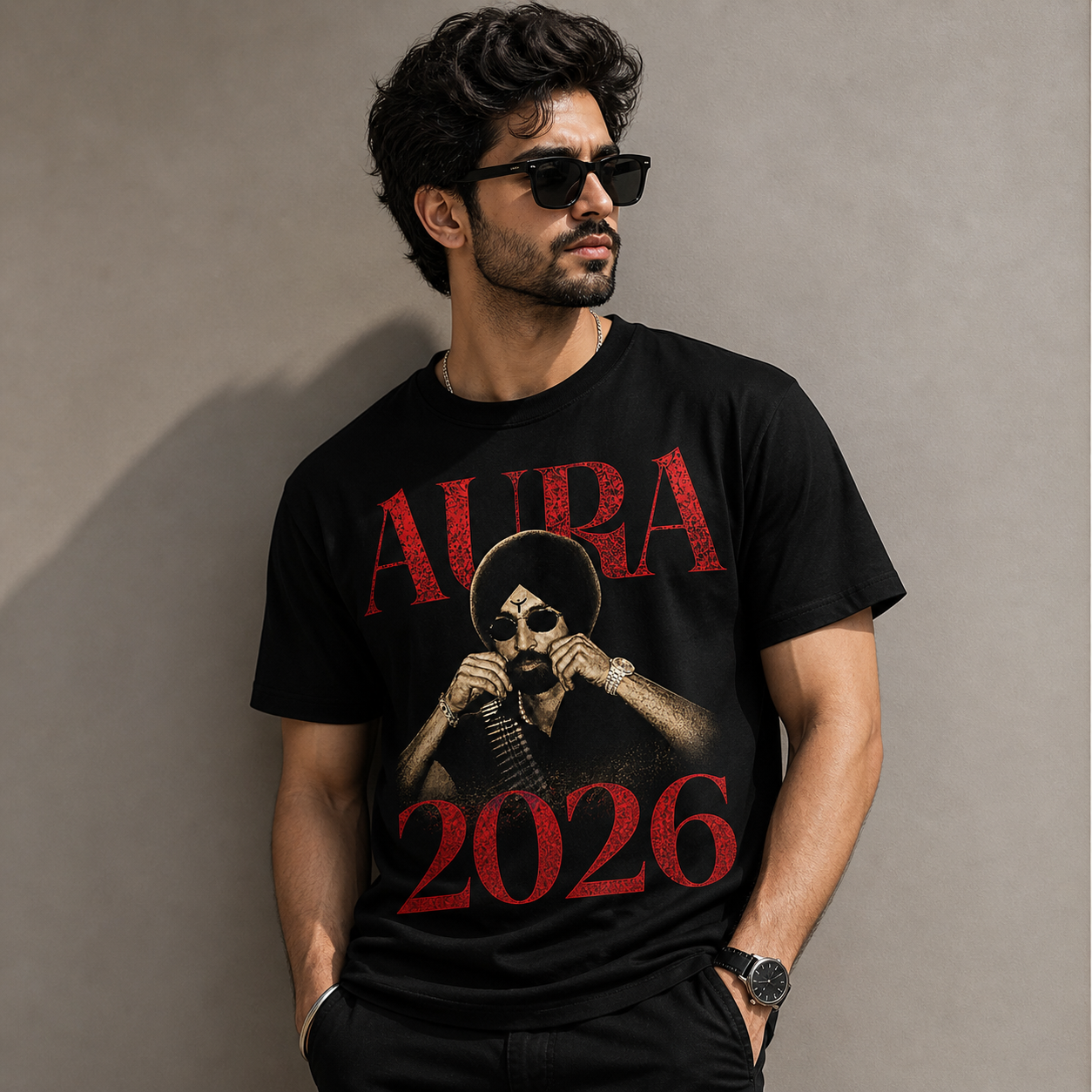 Aura 2026 tee Diljit Dosanjh Skull with turban graphic, dark red typography