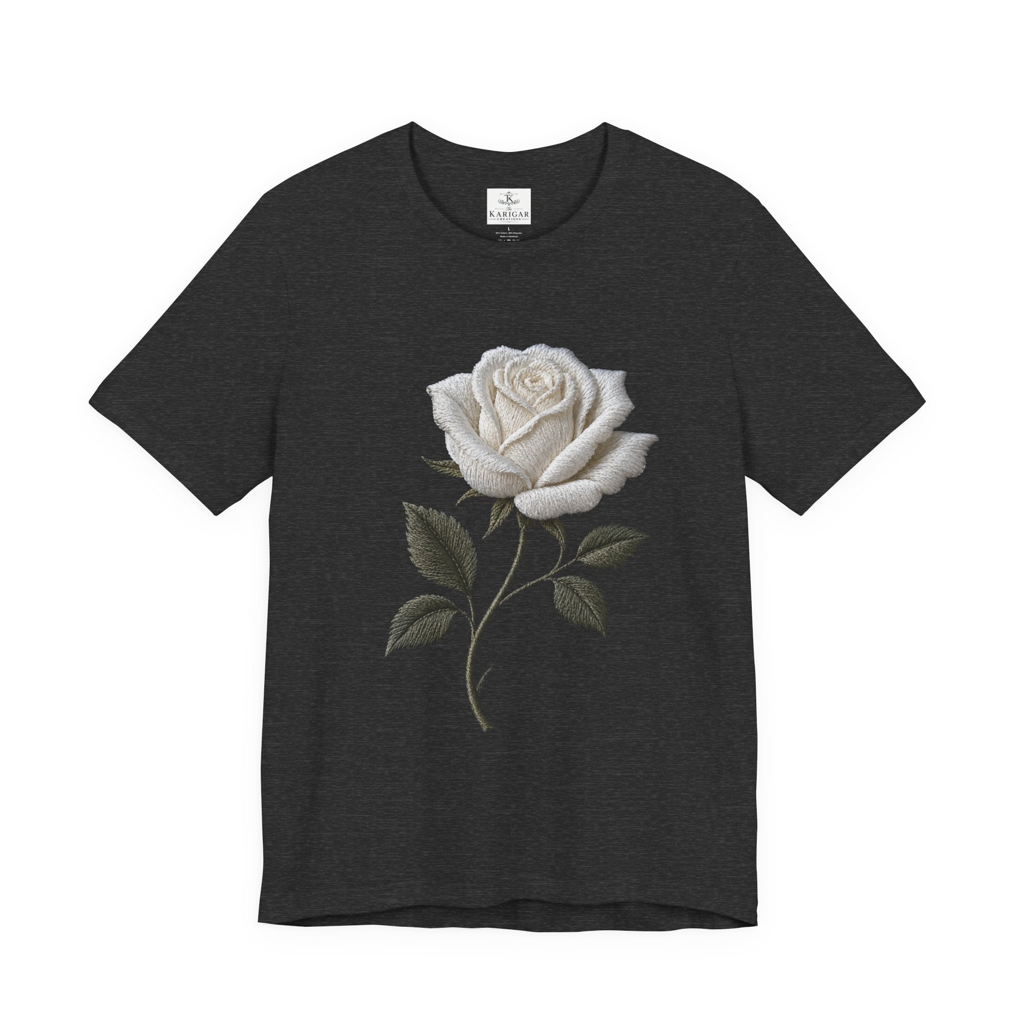 White Rose T-Shirt – Minimalist Floral Graphic Tee, Vintage Botanical Aesthetic Shirt, Grayscale Flower Unisex Graphic Tee