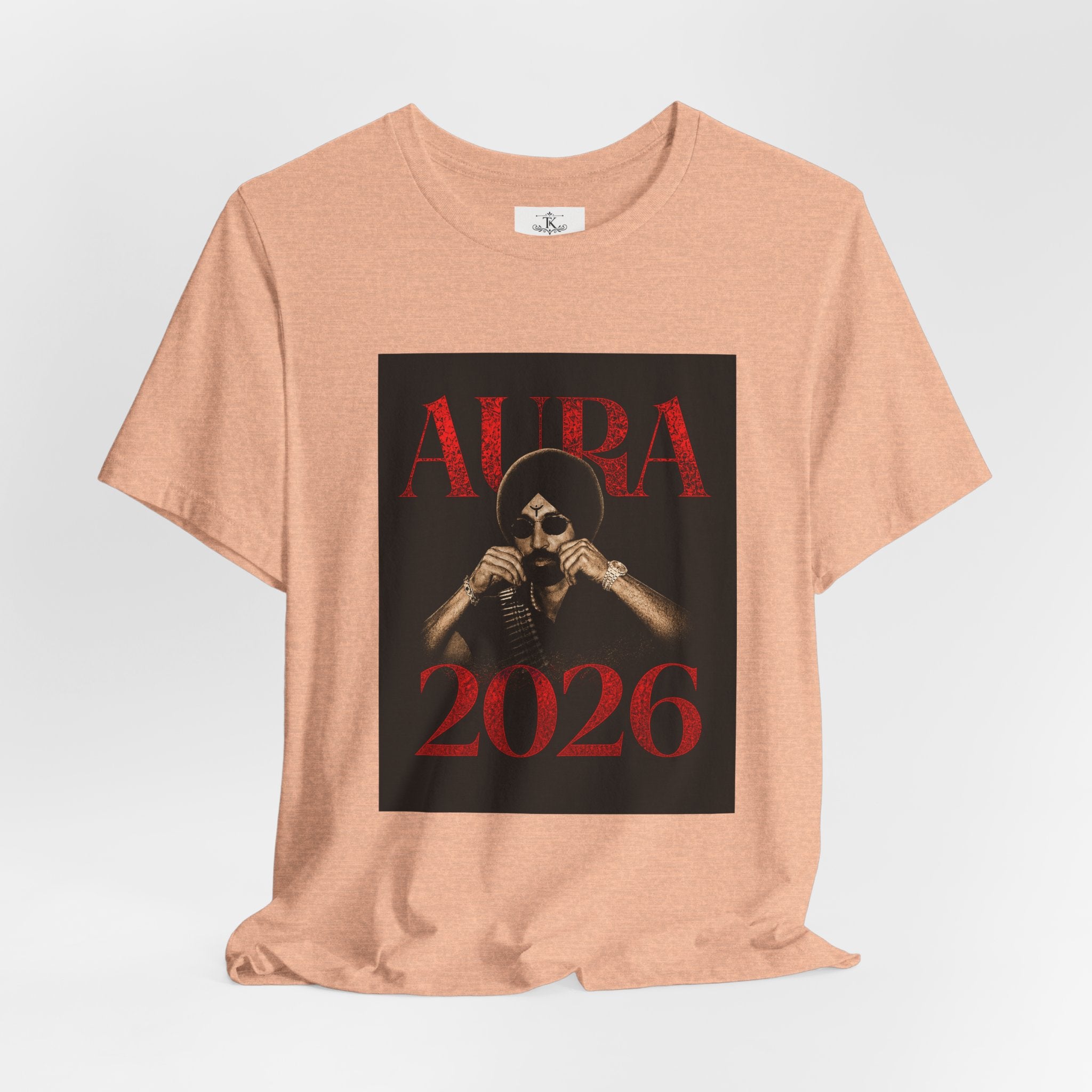 Aura 2026 tee Diljit Dosanjh Skull with turban graphic, dark red typography