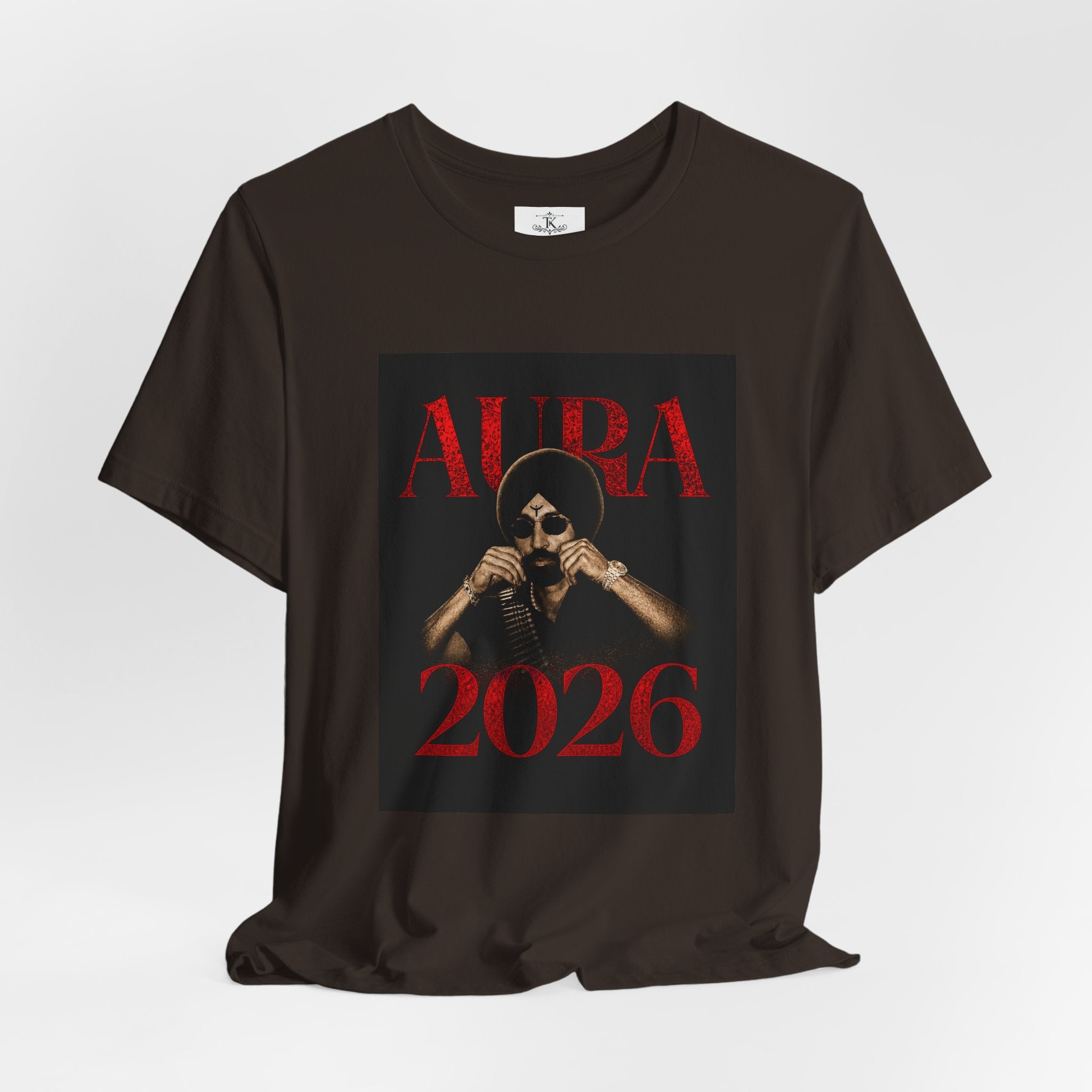 Aura 2026 tee Diljit Dosanjh Skull with turban graphic, dark red typography