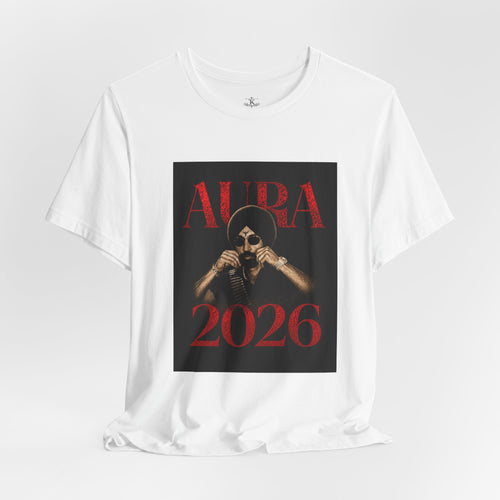 Aura 2026 tee Diljit Dosanjh Skull with turban graphic, dark red typography