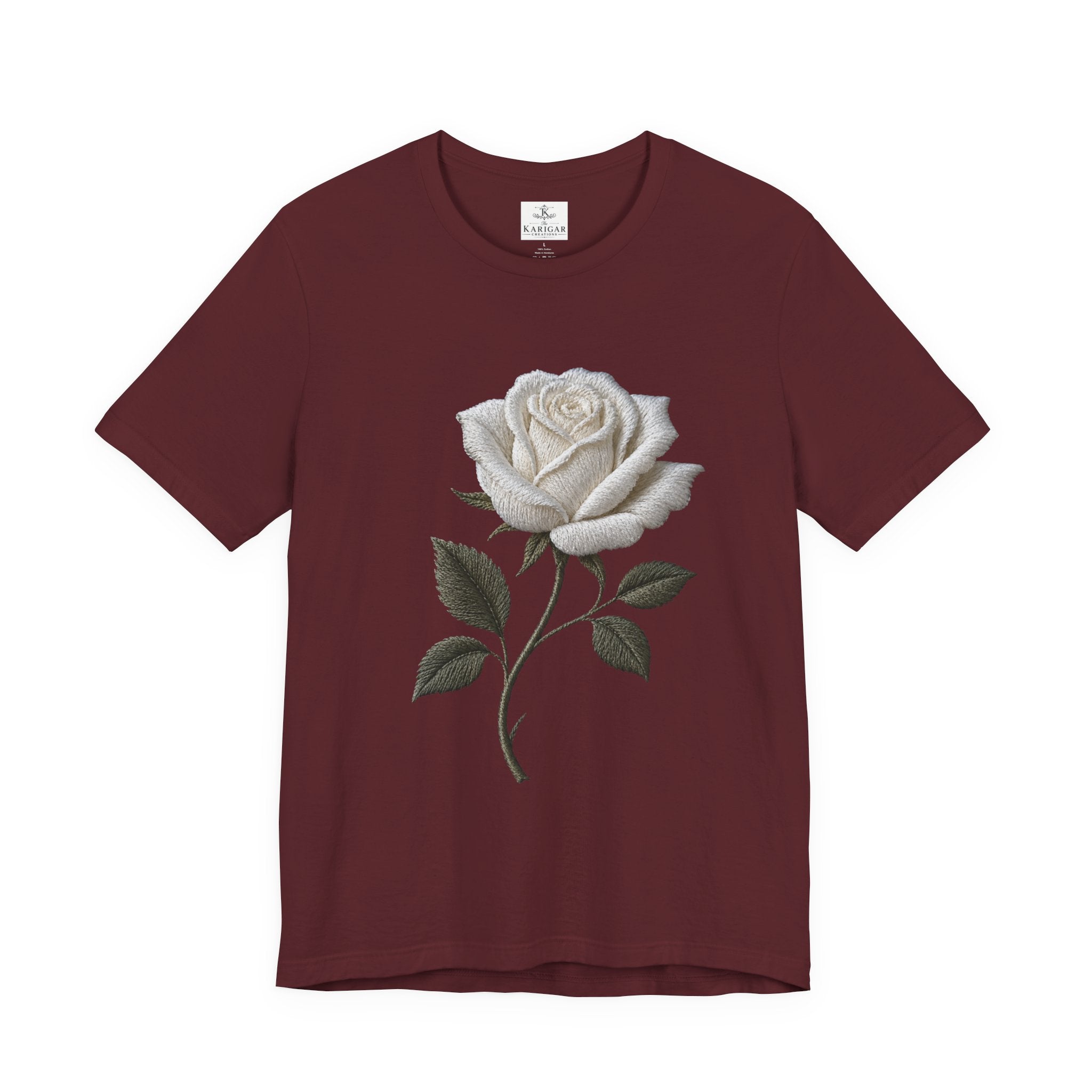 White Rose T-Shirt – Minimalist Floral Graphic Tee, Vintage Botanical Aesthetic Shirt, Grayscale Flower Unisex Graphic Tee