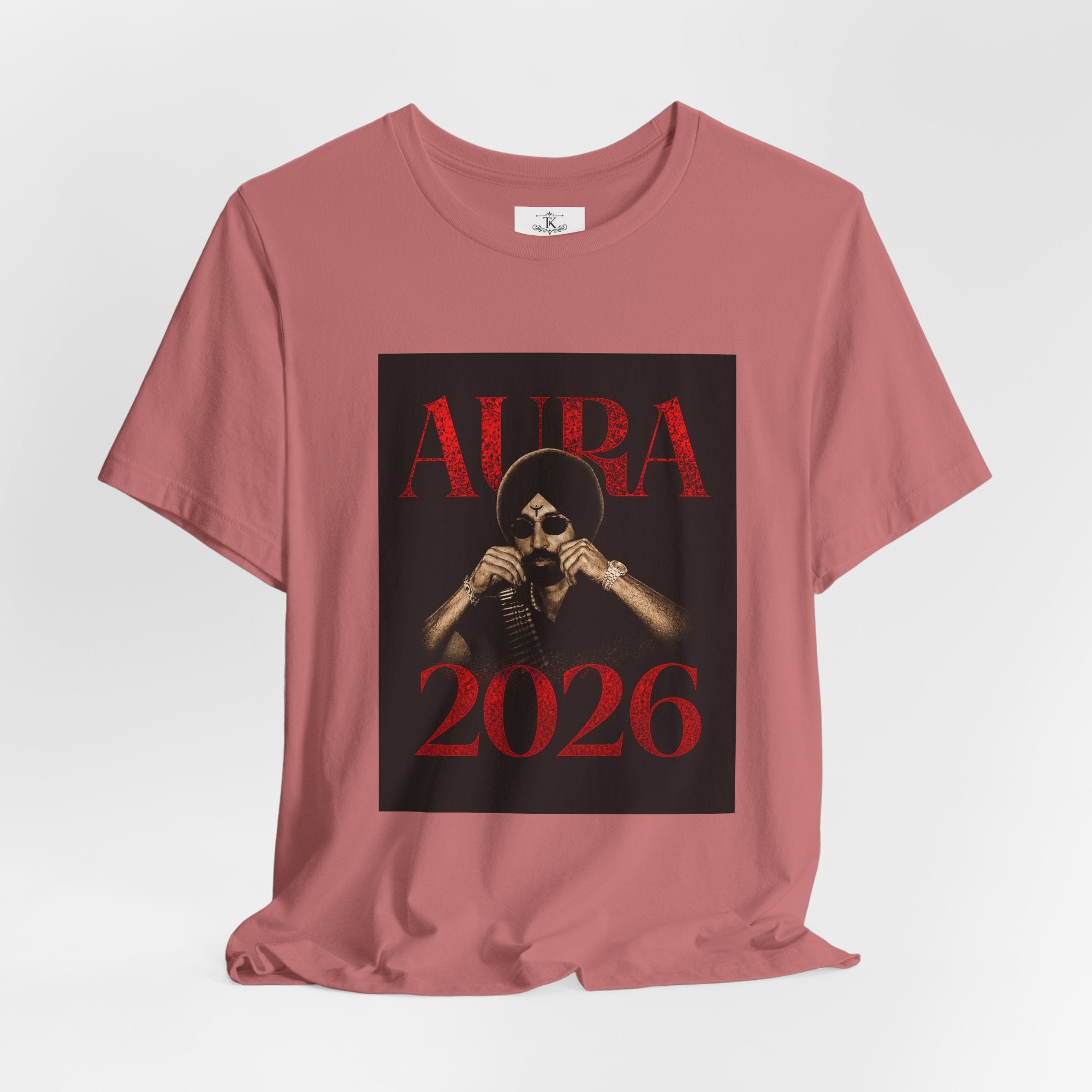 Aura 2026 tee Diljit Dosanjh Skull with turban graphic, dark red typography