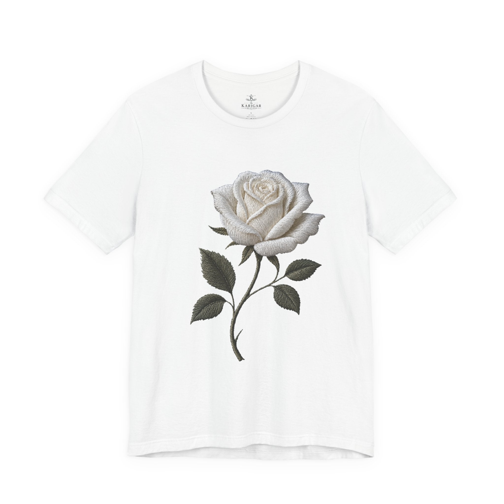 White Rose T-Shirt – Minimalist Floral Graphic Tee, Vintage Botanical Aesthetic Shirt, Grayscale Flower Unisex Graphic Tee
