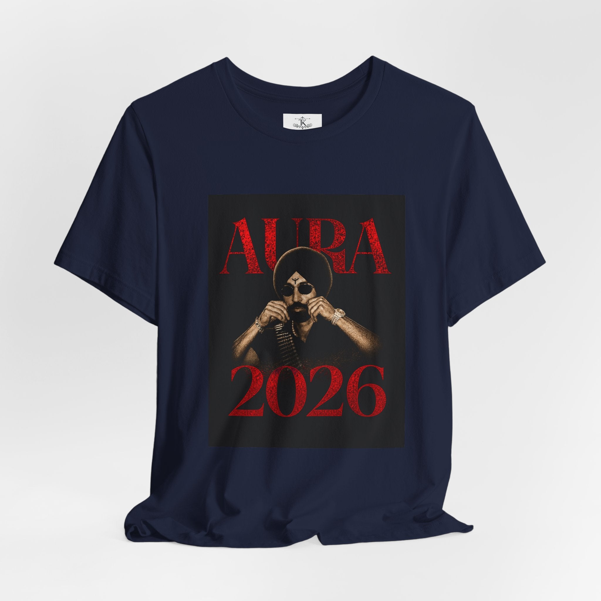 Aura 2026 tee Diljit Dosanjh Skull with turban graphic, dark red typography